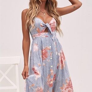 ECOWISH Blue and‎ Pink Floral Midi Dress